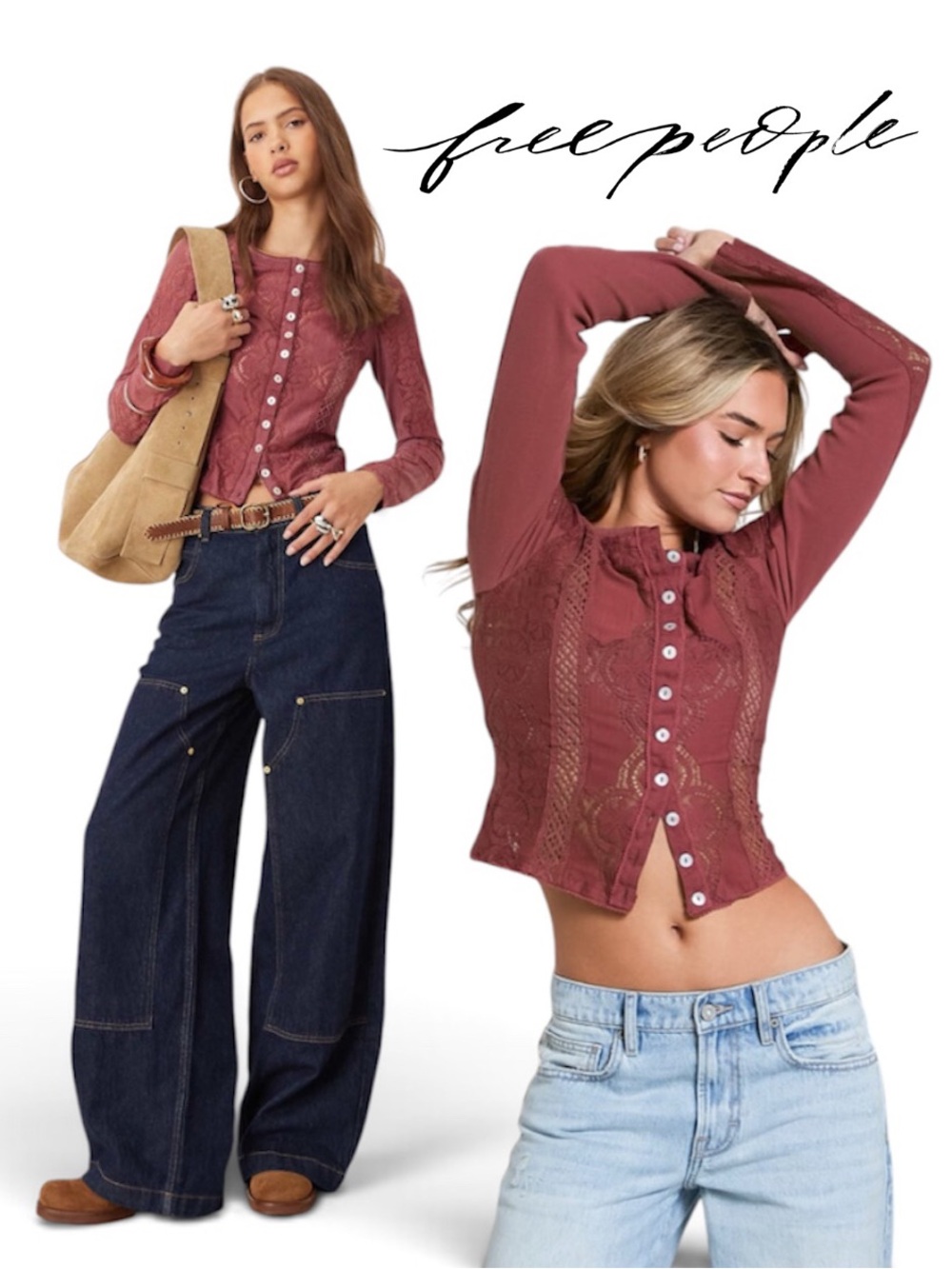 FREE PEOPLE Jae Knit Sheer Lace Long Sleeve Top Cardigan Cropped Y2K Boho XS